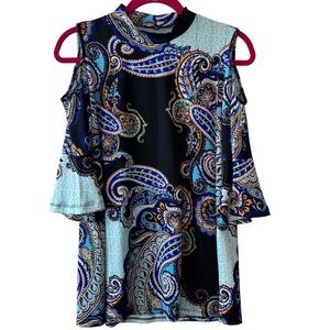 Vintage Melissa Paige Cold Shoulder Paisley Mock‎ Neck Bell Sleeve Top Petite